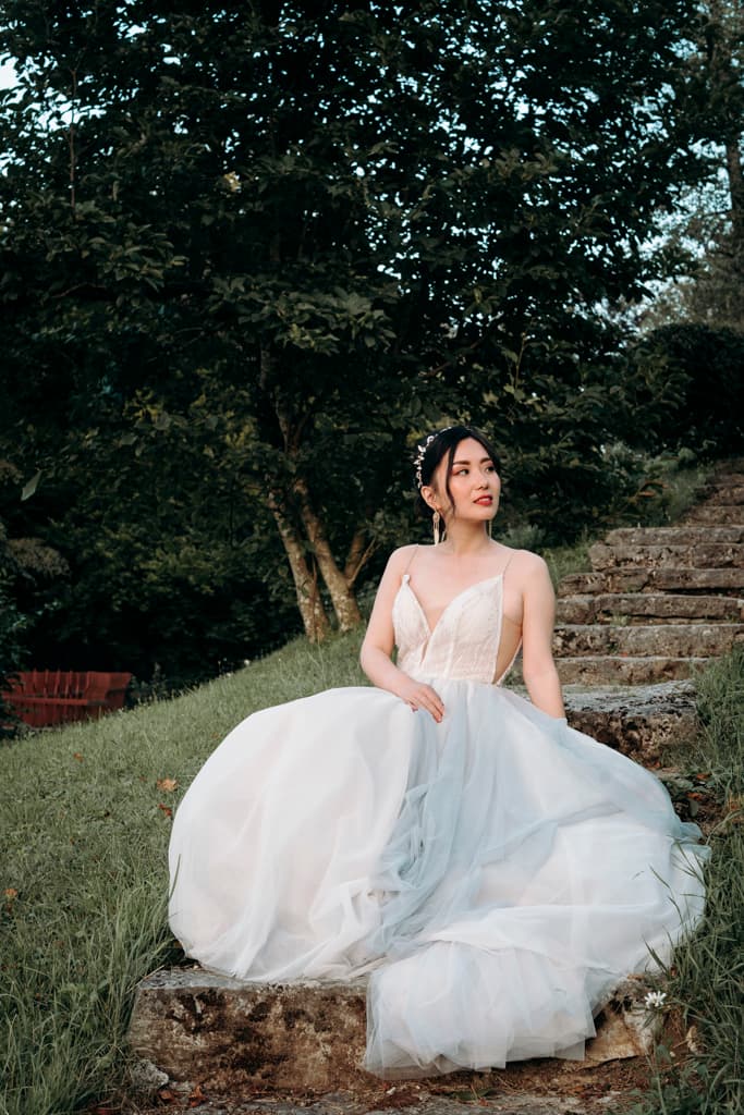 portait of the bride in the garden of Villa Bled in Slovenia